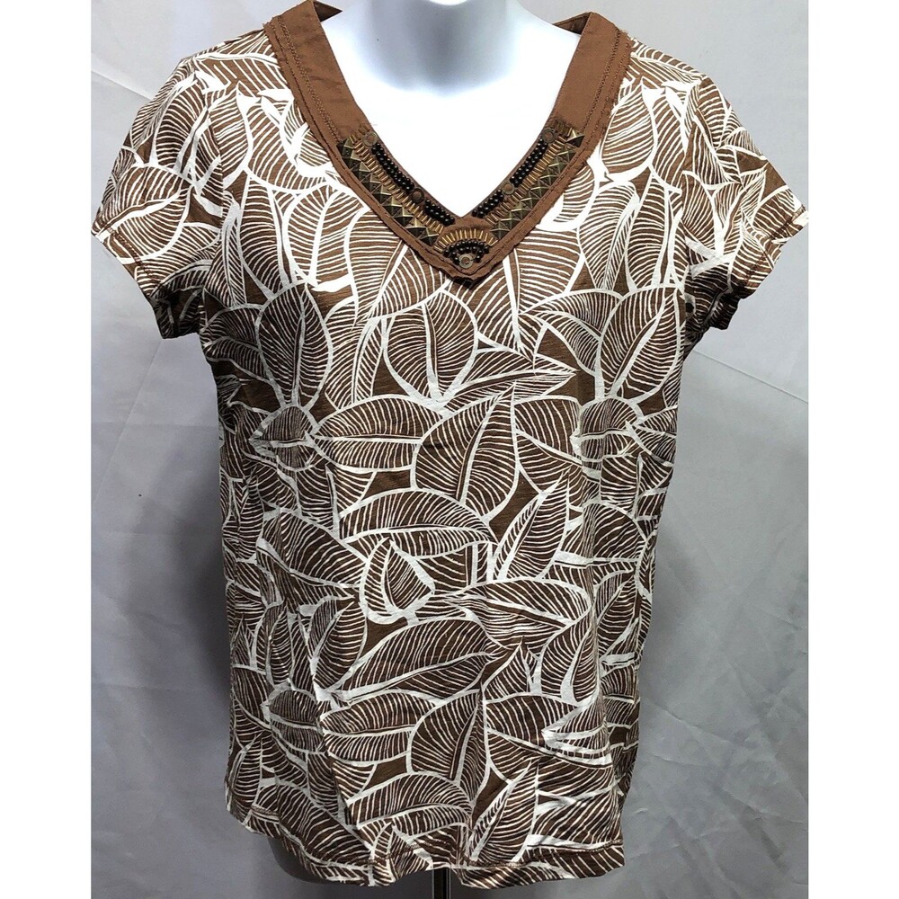 Bay Studio top Brown Floral Beaded Short Sleeve tropical Floral Hawaiian luau